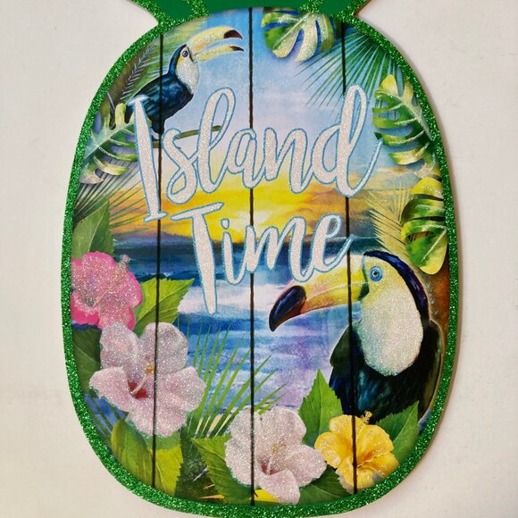 ISLAND TIME Pineapple Tiki Bar Beach Sign Luau Door Wall Decoration Parrots - Picture 5 of 9